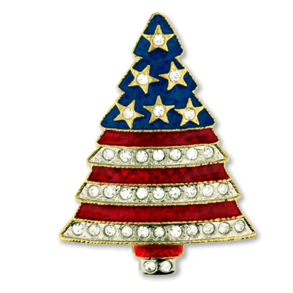 Patriotic Christmas Tree Brooch, USA Holiday Lapel Pin, Rhinestones, Red, Blue